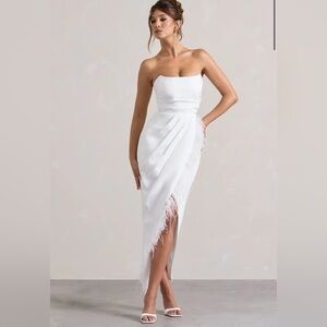 Club L London White Strapless Feather Trim Midi Dress